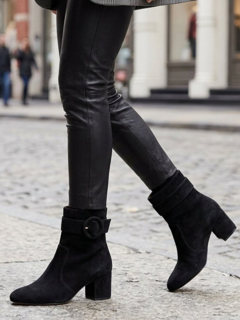 NINE WEST Black Suede Upper 7M Women's Ankle Boots w/Buckle Details 2.25in heels